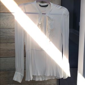 Zara blouse with bow tie at neck and ruffles